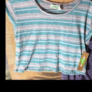 New top Short sleeve crop top blue gray white striped metallic thread nwt